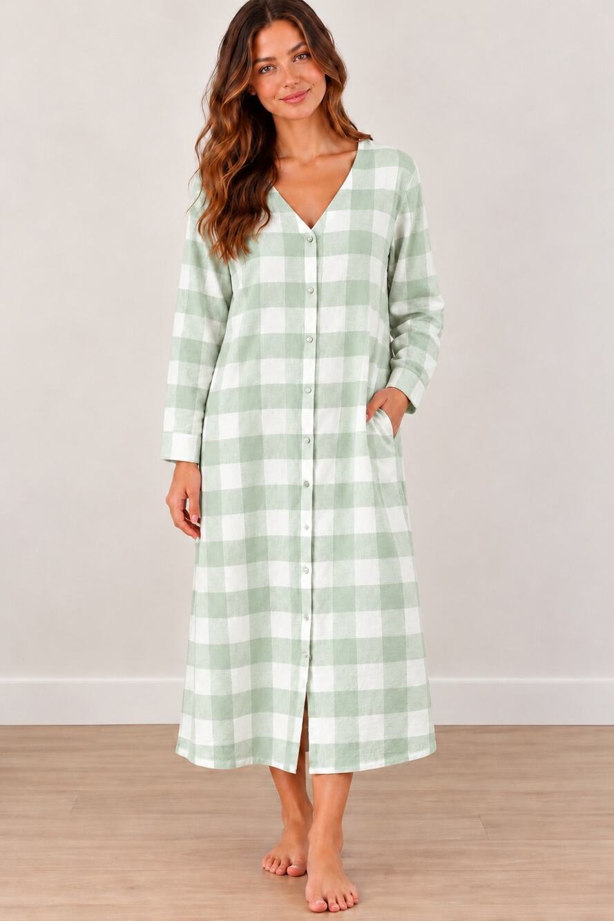 Petite Med 100% Cotton Green White Gingham Plaid Snap Front Long Sl Nightgown